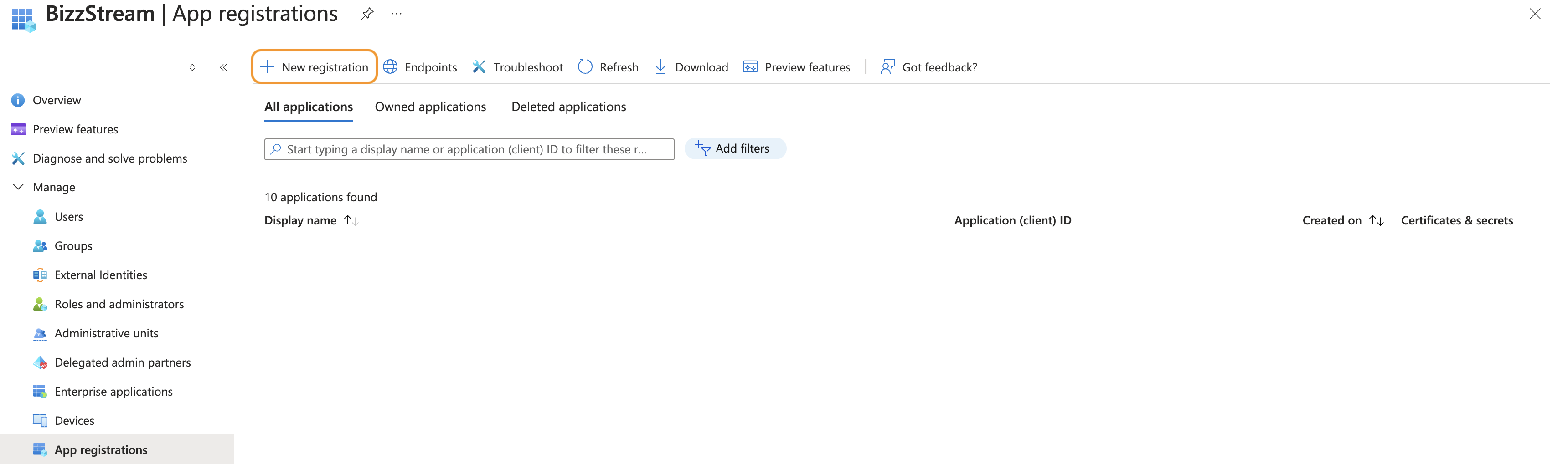 App registrations menu item
