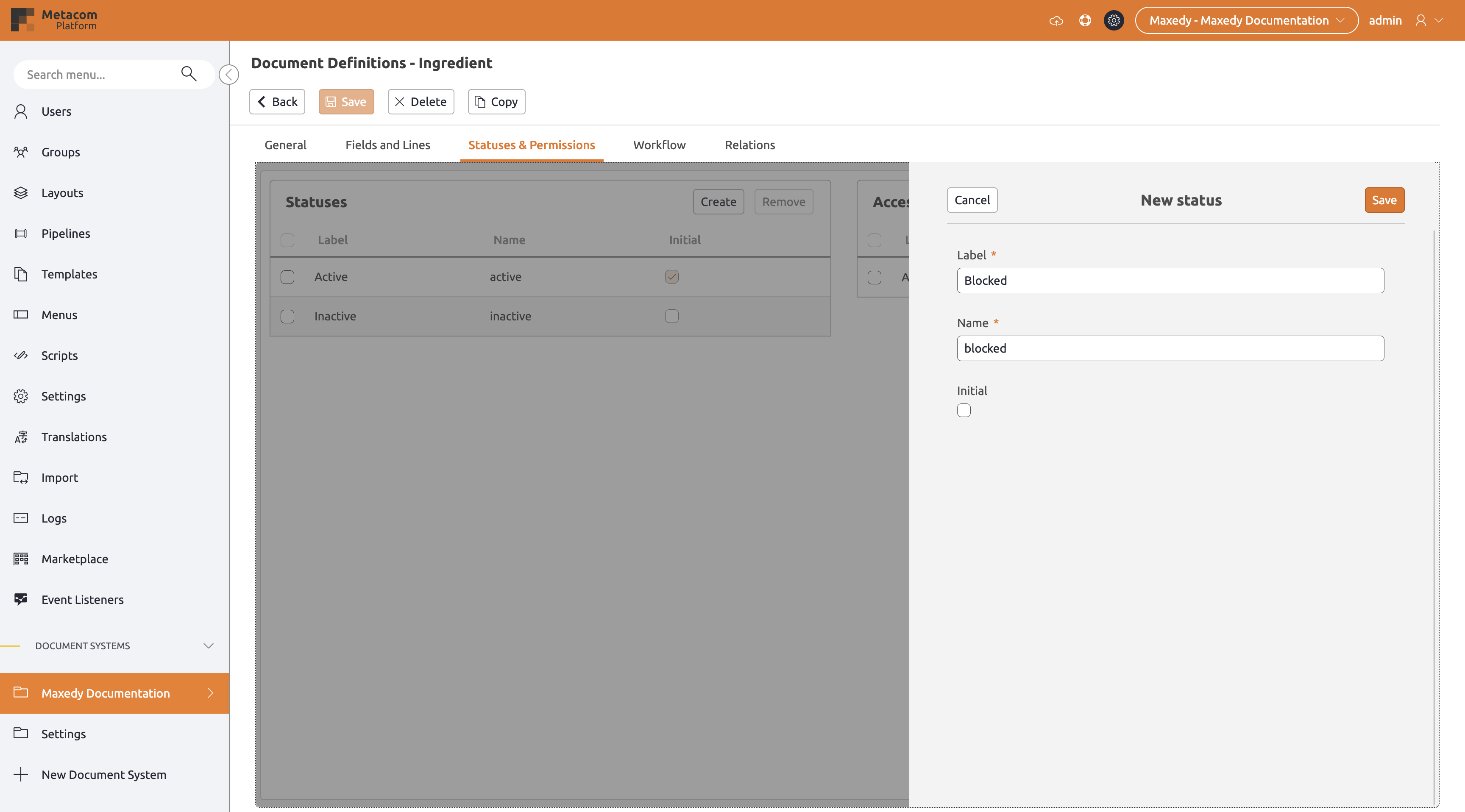 Document Definition Add Status